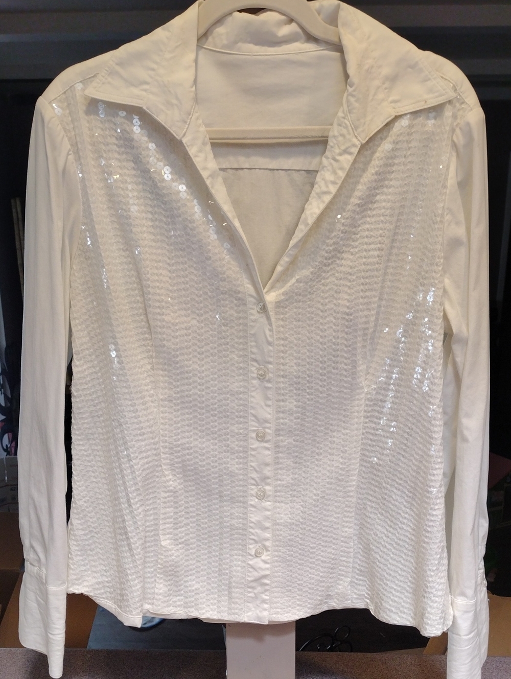 Vintage Y2K White Sequin Tuxedo Stretch Poplin Blouse